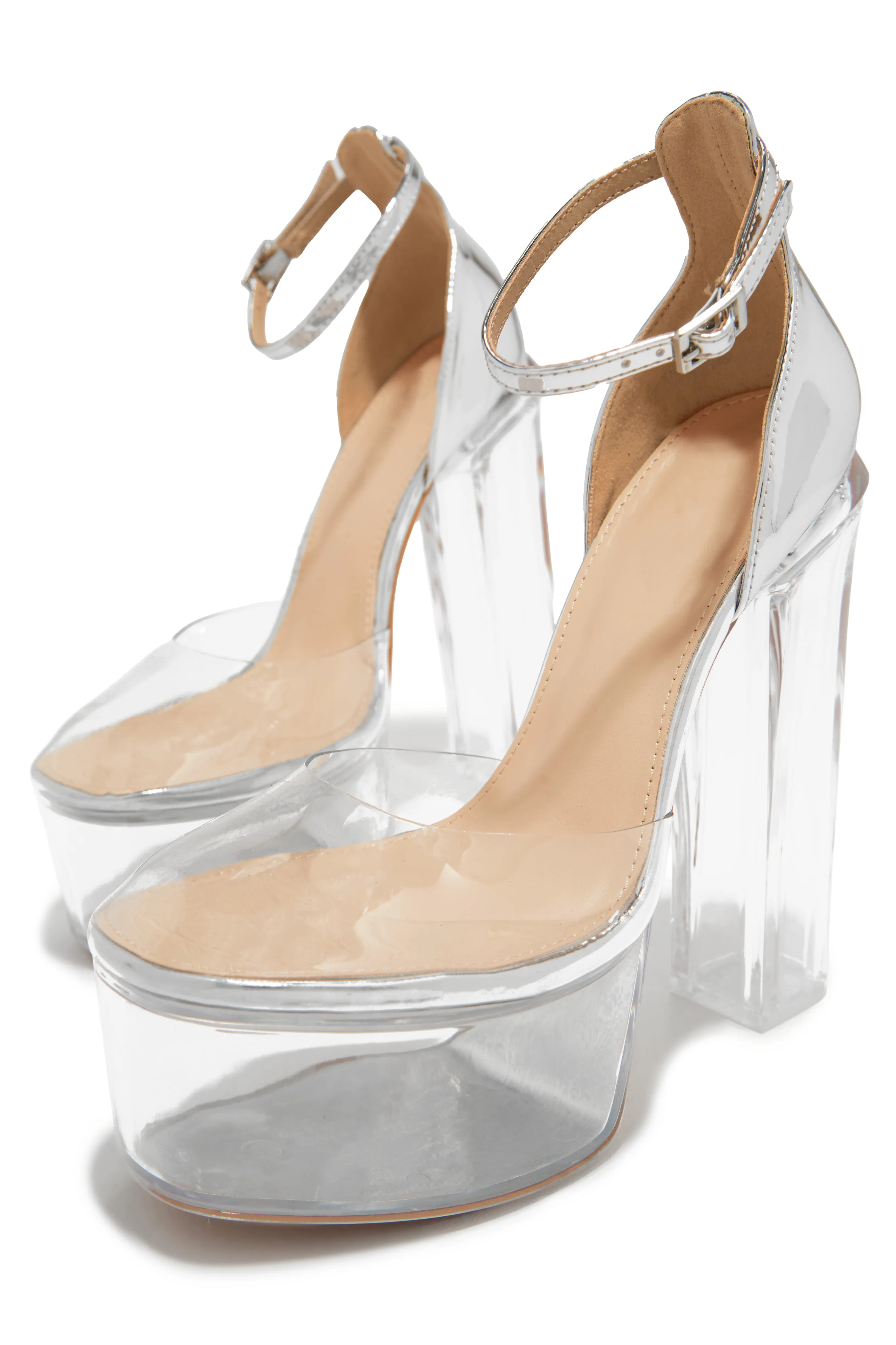 Adore Me Ankle Strap Platform Block High Heels - Silver