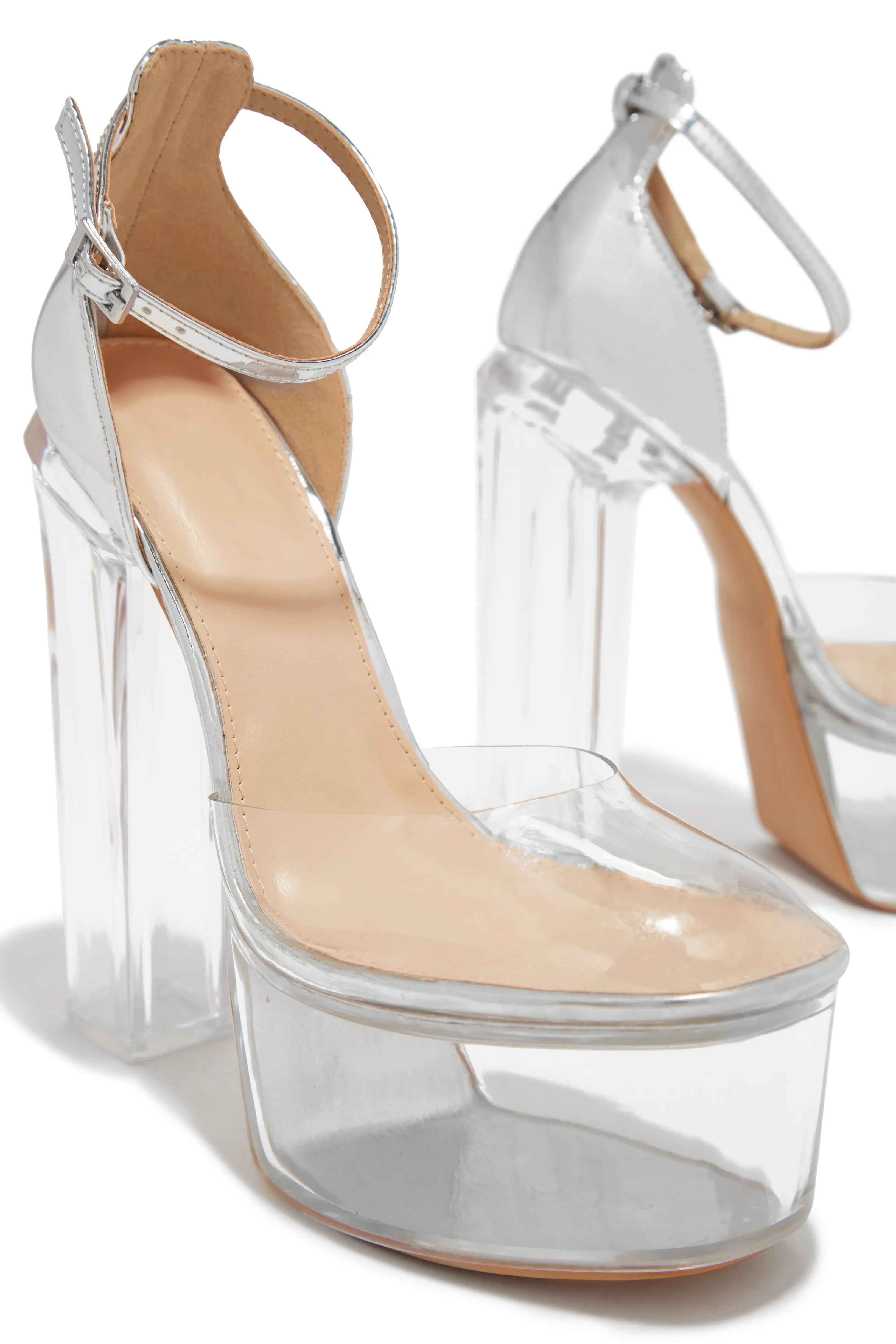 Adore Me Ankle Strap Platform Block High Heels - Silver