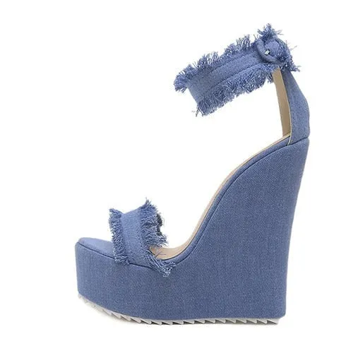 Amozae- 2024 New Designer Denim Sandals Summer Roman Sandals High Quality Wedges High Heels Peep-Toe Platform Shoes Woman