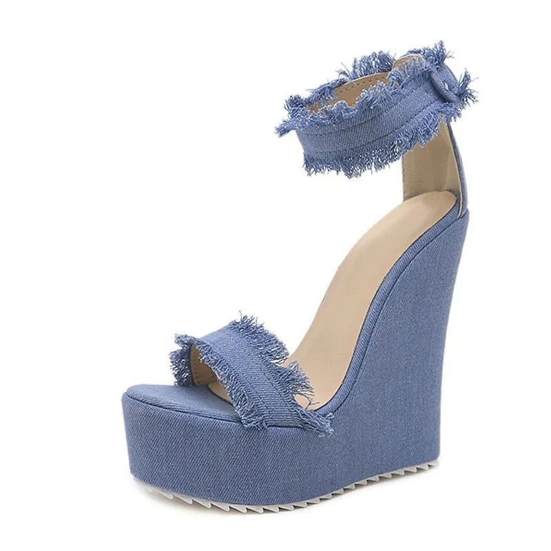 Amozae- 2024 New Designer Denim Sandals Summer Roman Sandals High Quality Wedges High Heels Peep-Toe Platform Shoes Woman