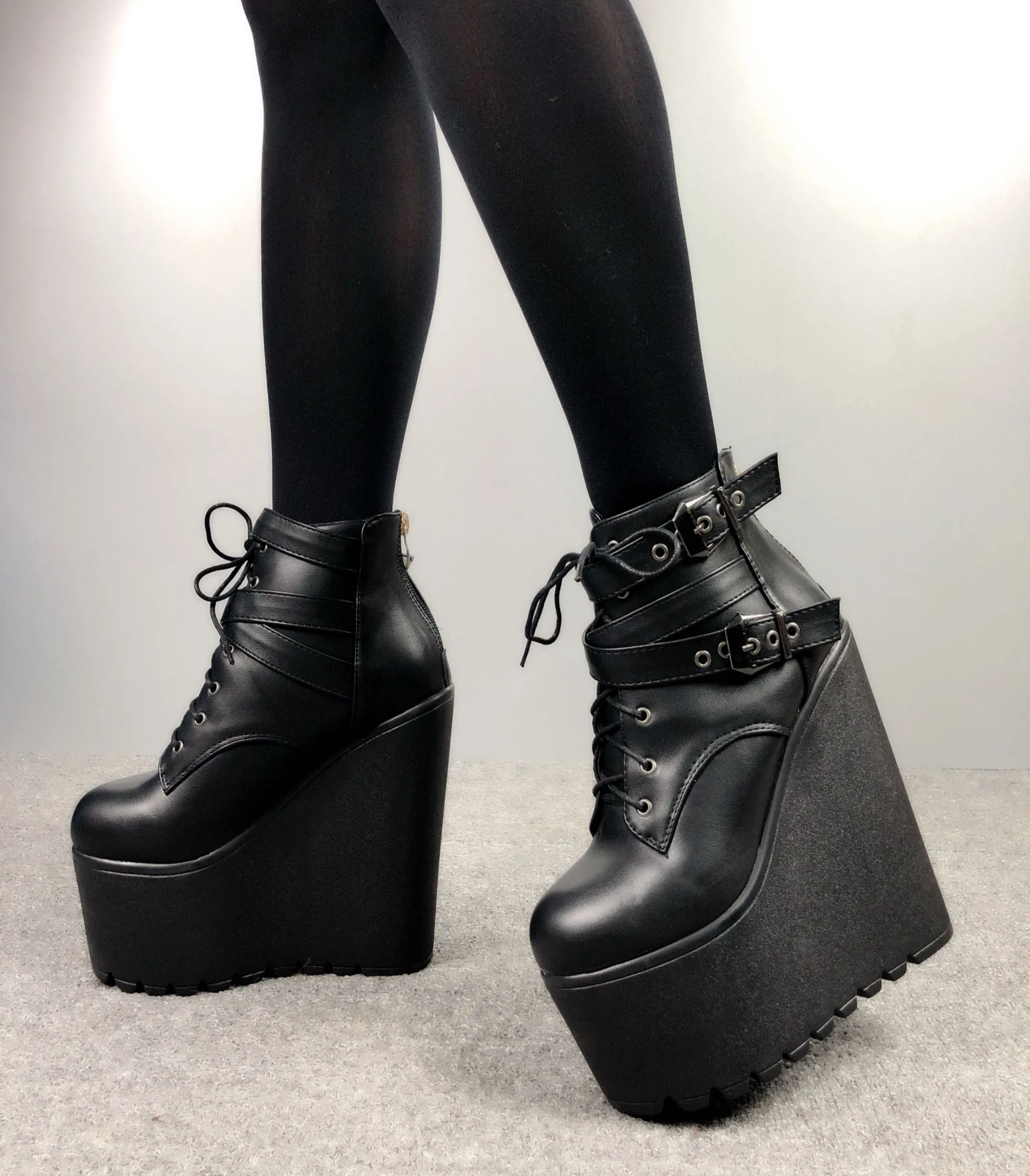 Amozae- 2024 Wedges Ankle Boots White Black Rubber Sole Shoes Platform Boots Women Lacing Autumn Platform Heels Shoes Heel 16 cm