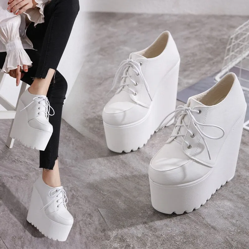 Amozae- 2024 Wedges Ankle Boots White Black Rubber Sole Shoes Platform Boots Women Lacing Autumn Platform Heels Shoes Heel 16 cm