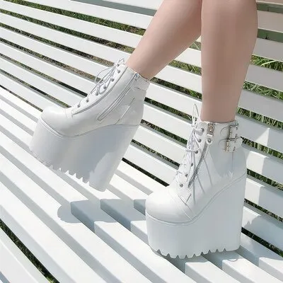 Amozae- 2024 Wedges Ankle Boots White Black Rubber Sole Shoes Platform Boots Women Lacing Autumn Platform Heels Shoes Heel 16 cm