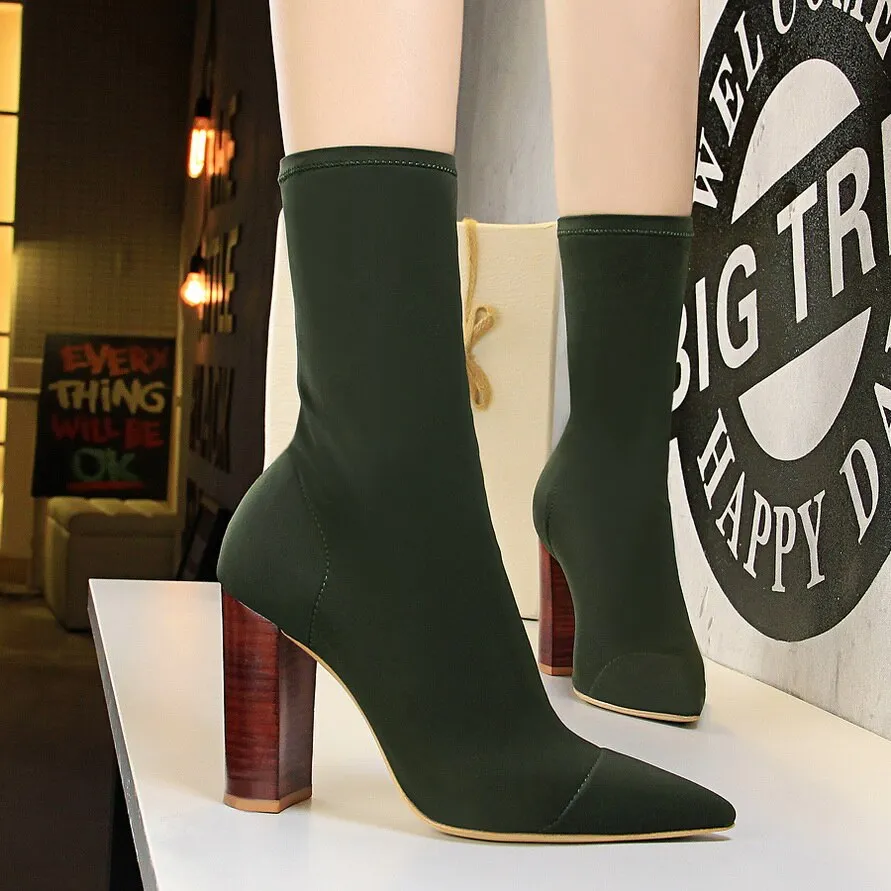 Amozae-2024 Women Stretch Chunky Boots Block 9.5cm High Heels Fetish Green Ankle Boots Stripper Block Heels Silk Satin Spring Shoes