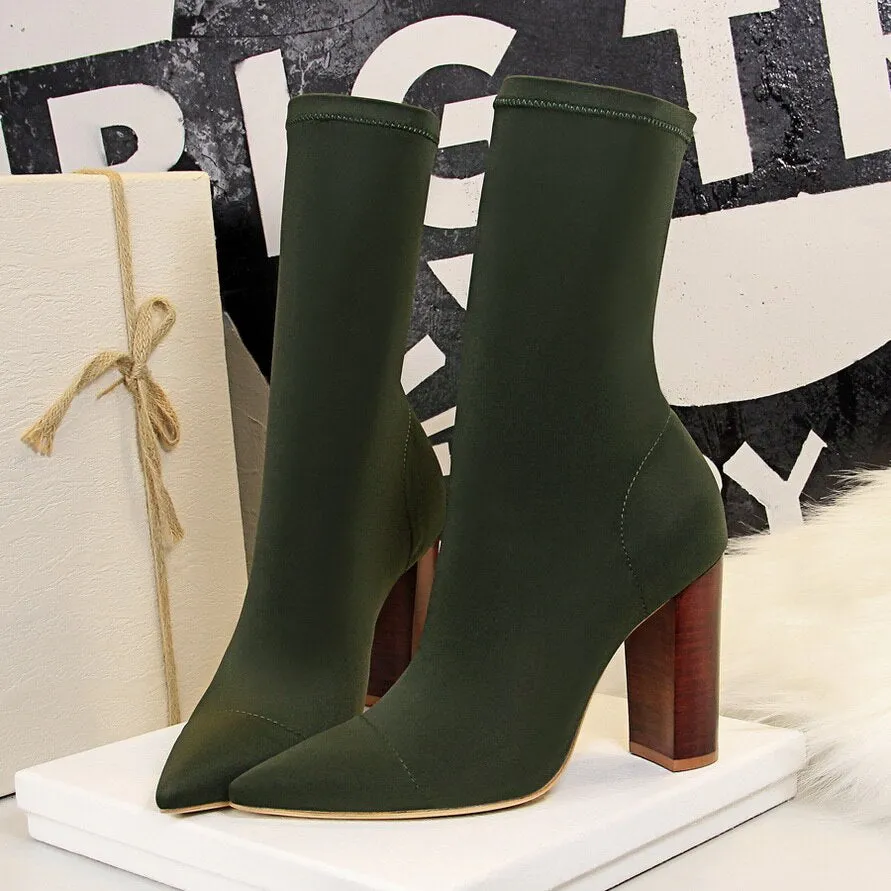 Amozae-2024 Women Stretch Chunky Boots Block 9.5cm High Heels Fetish Green Ankle Boots Stripper Block Heels Silk Satin Spring Shoes