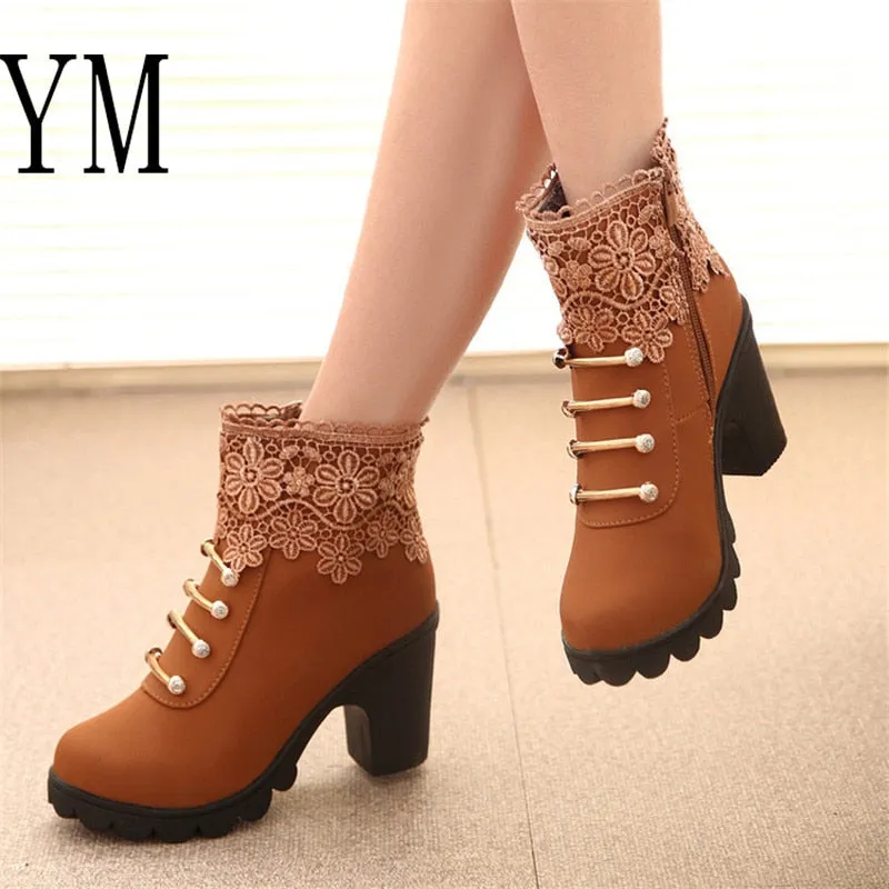 Amozae-Back to College Hot Women PU Pattern Ankle Boots shoes   Lace Cuff Thick Heel Women Boots Fall Winter Fashion Black Martin Women Shoes mujer