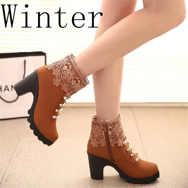 Amozae-Back to College Hot Women PU Pattern Ankle Boots shoes   Lace Cuff Thick Heel Women Boots Fall Winter Fashion Black Martin Women Shoes mujer