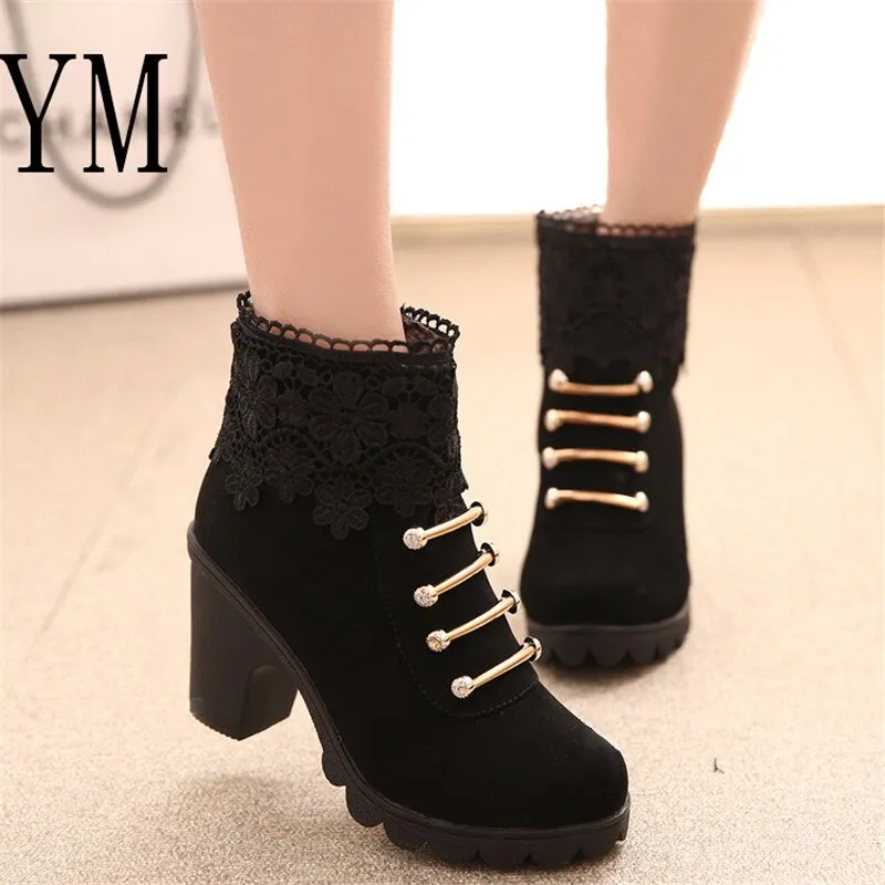 Amozae-Back to College Hot Women PU Pattern Ankle Boots shoes   Lace Cuff Thick Heel Women Boots Fall Winter Fashion Black Martin Women Shoes mujer