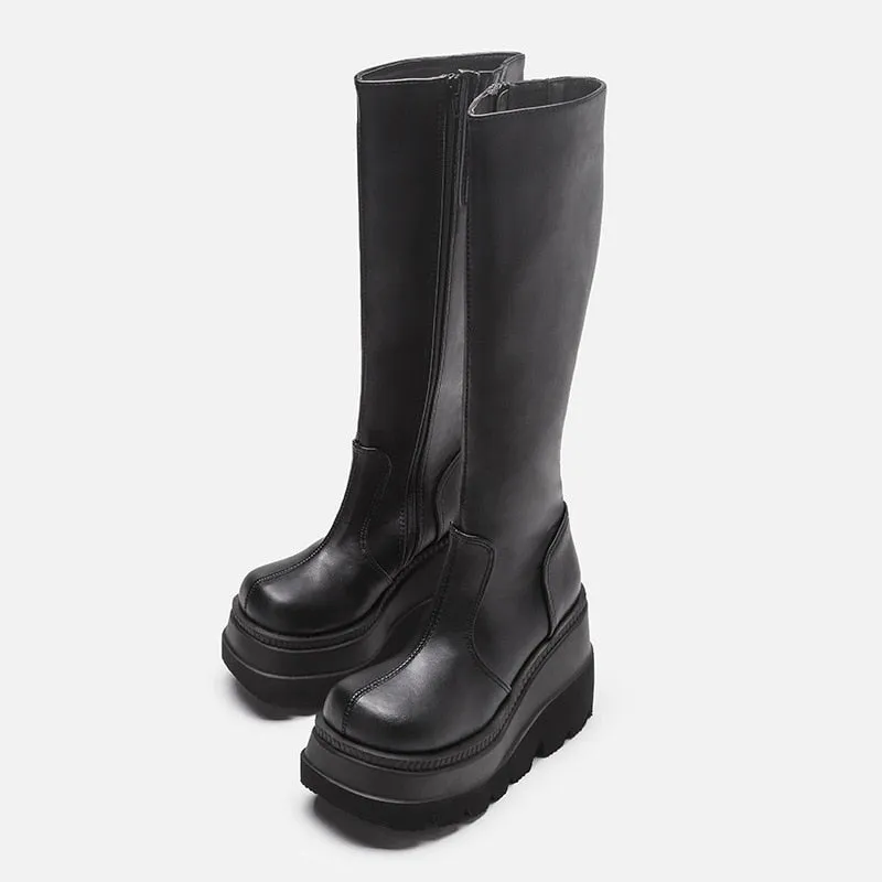 Amozae-Back to school outfit   Women Leather Shoes Spring Winter High Platform Heels Elasticity Motorcycles Black Boots Goth Zip Women's Boots Knee High