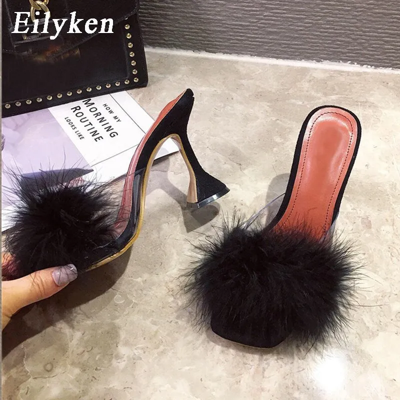 Amozae-Eilyken Woman Feather Transparent High heels Fur Slippers Sandals Women Peep toe Mules Lady Pumps Slides White size 35-41