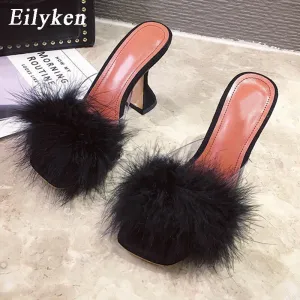 Amozae-Eilyken Woman Feather Transparent High heels Fur Slippers Sandals Women Peep toe Mules Lady Pumps Slides White size 35-41