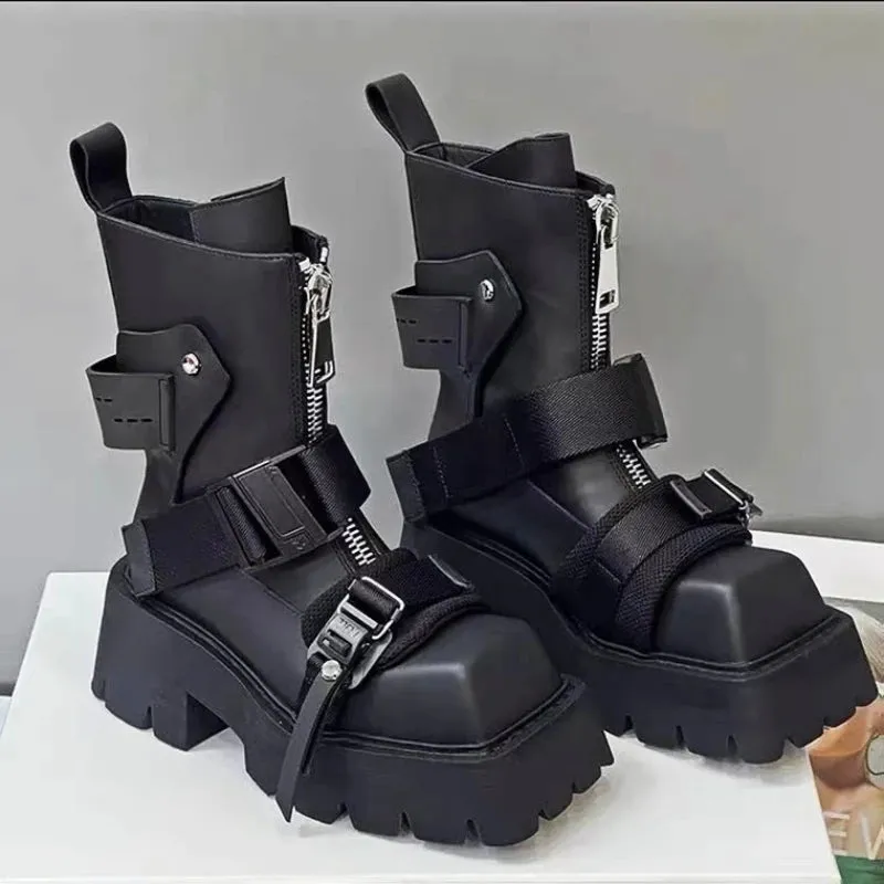 Amozae-Genuine Leather Boots Women 2024 Tube Platform Boots Belt Buckle Design Cool Biker Botas Square Thick Bottom Head Ankle Boots