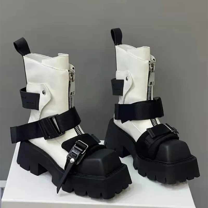 Amozae-Genuine Leather Boots Women 2024 Tube Platform Boots Belt Buckle Design Cool Biker Botas Square Thick Bottom Head Ankle Boots