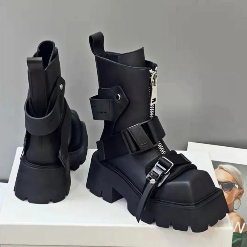 Amozae-Genuine Leather Boots Women 2024 Tube Platform Boots Belt Buckle Design Cool Biker Botas Square Thick Bottom Head Ankle Boots