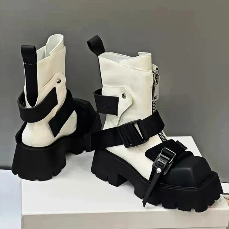 Amozae-Genuine Leather Boots Women 2024 Tube Platform Boots Belt Buckle Design Cool Biker Botas Square Thick Bottom Head Ankle Boots