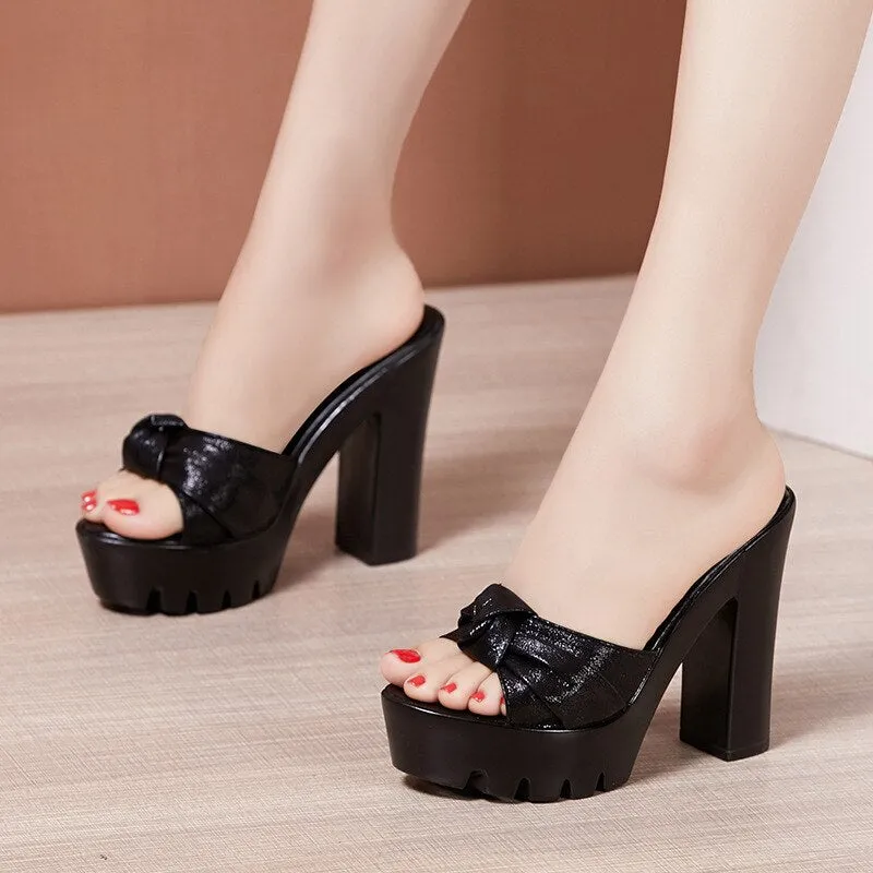 Amozae- Plus Size 32-43 Platform Slides Summer Wedding Shoes Open Head Bow High Heels Slippers Ladies Party Office Slipper Shoes