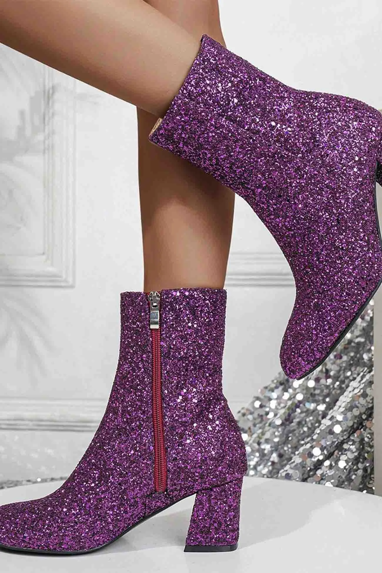 Amozae-Sequined Block Heels Ankle Heels