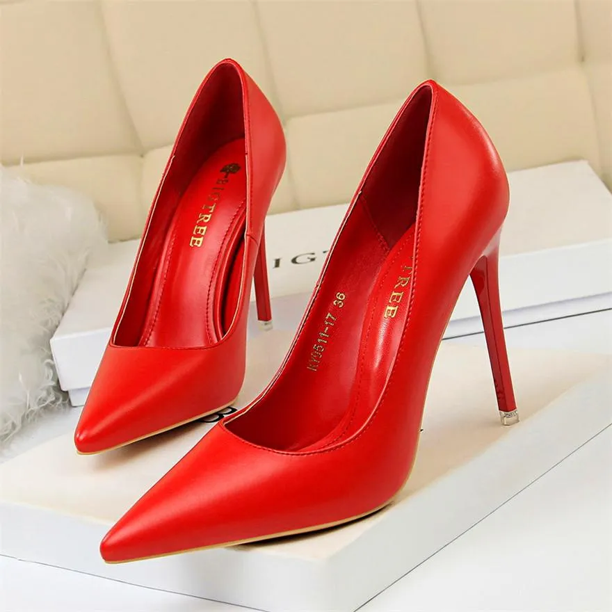 Amozae- Soft Leather Shallow Fashion Women's High Heels Shoes Candy Colors Pointed Toe Women Pumps Show Thin Female Office Shoe