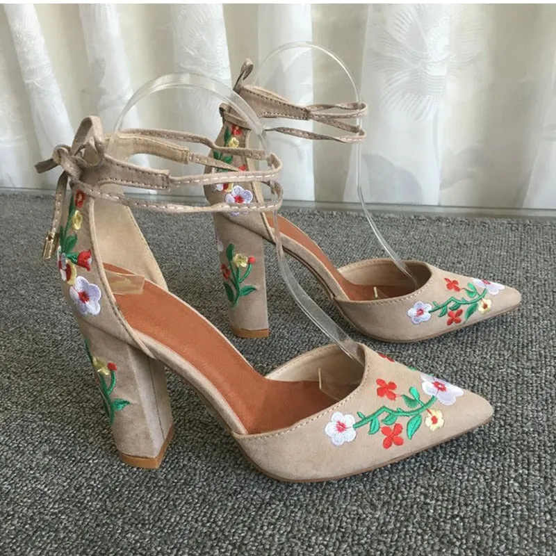 Amozae Women High Heels Plus Size Embroidery Pumps Flower Ankle Strap Shoes Female Two Piece   Party Wedding Pointed Toe