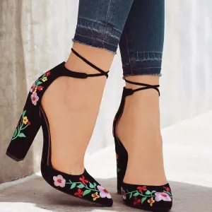 Amozae Women High Heels Plus Size Embroidery Pumps Flower Ankle Strap Shoes Female Two Piece   Party Wedding Pointed Toe