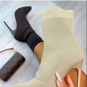 Amozae  Women Sock Boots   Knitting Stretch Boots High Heels Shoes Female Thin Heel Ankle Botas Zapatos Mujer Primavera Verano