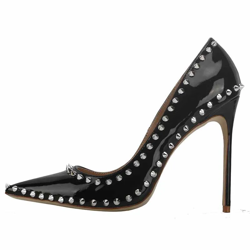 Black Rivet Studded Pointed Toe Slip on Sexy High Heel Pump Shoes