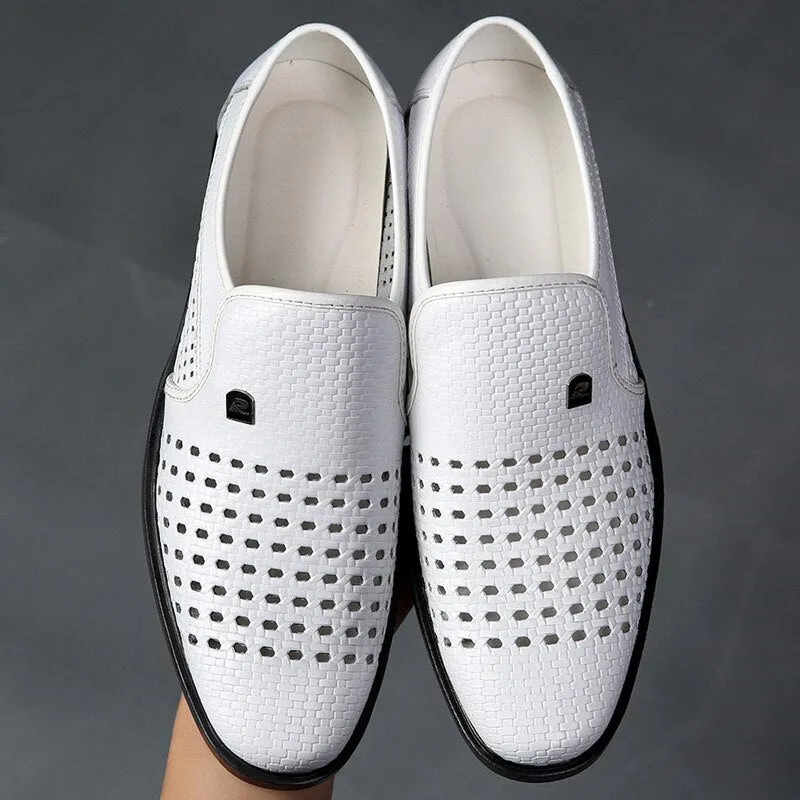 Cow Leather Mens Casual Shoes Hollow Out Summer Sandals Breathable White Business Formal Shoes Slip-on Loafers Shoes for Men