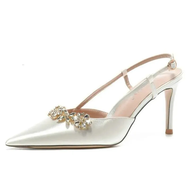 French Temperament High Heels Rhinestone Sandal Female Summer Pointed Satin White Wedding Bridesmaid Shoes Kq8