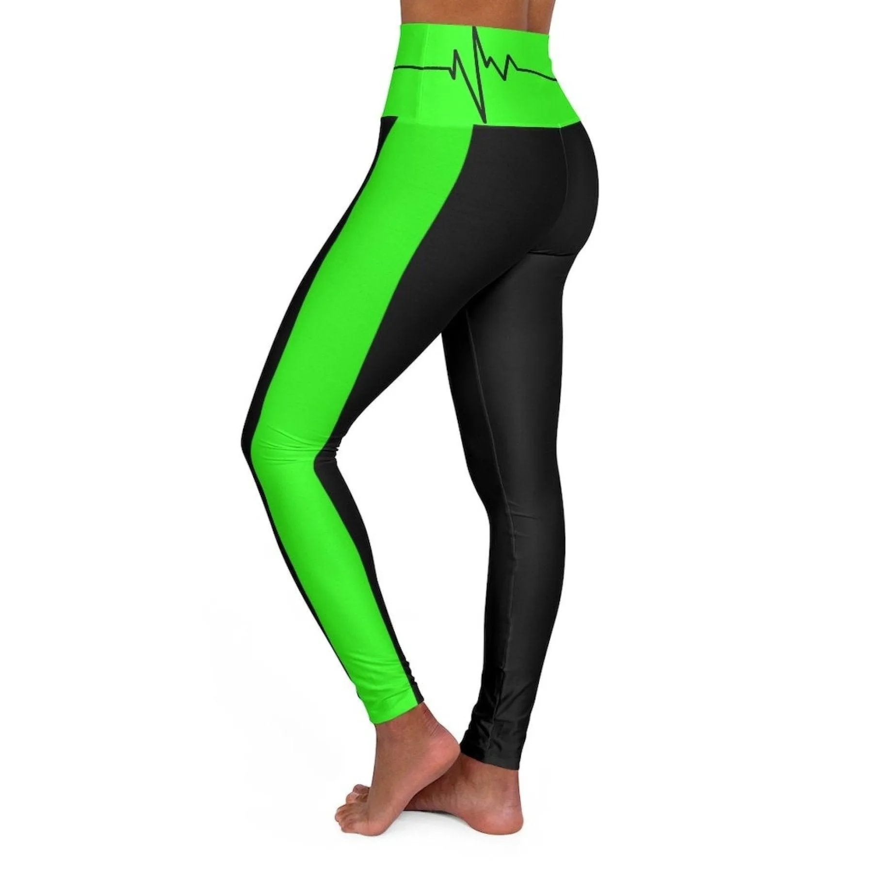 High Waisted Yoga Leggings, Black And Neon Green Beating Heart Sports