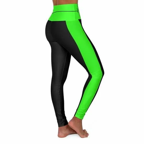 High Waisted Yoga Leggings, Black And Neon Green Beating Heart Sports