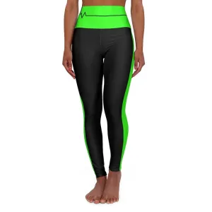 High Waisted Yoga Leggings, Black And Neon Green Beating Heart Sports