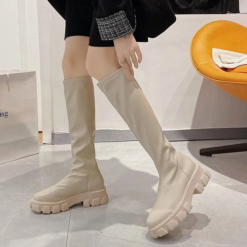 Knee High Boots For Women Autumn New Fashion Ladies Ankle Boots Thick Heels Platform Female Shoes Slip On Balck White Long Boots