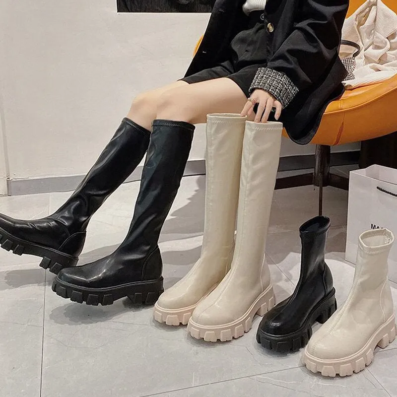 Knee High Boots For Women Autumn New Fashion Ladies Ankle Boots Thick Heels Platform Female Shoes Slip On Balck White Long Boots