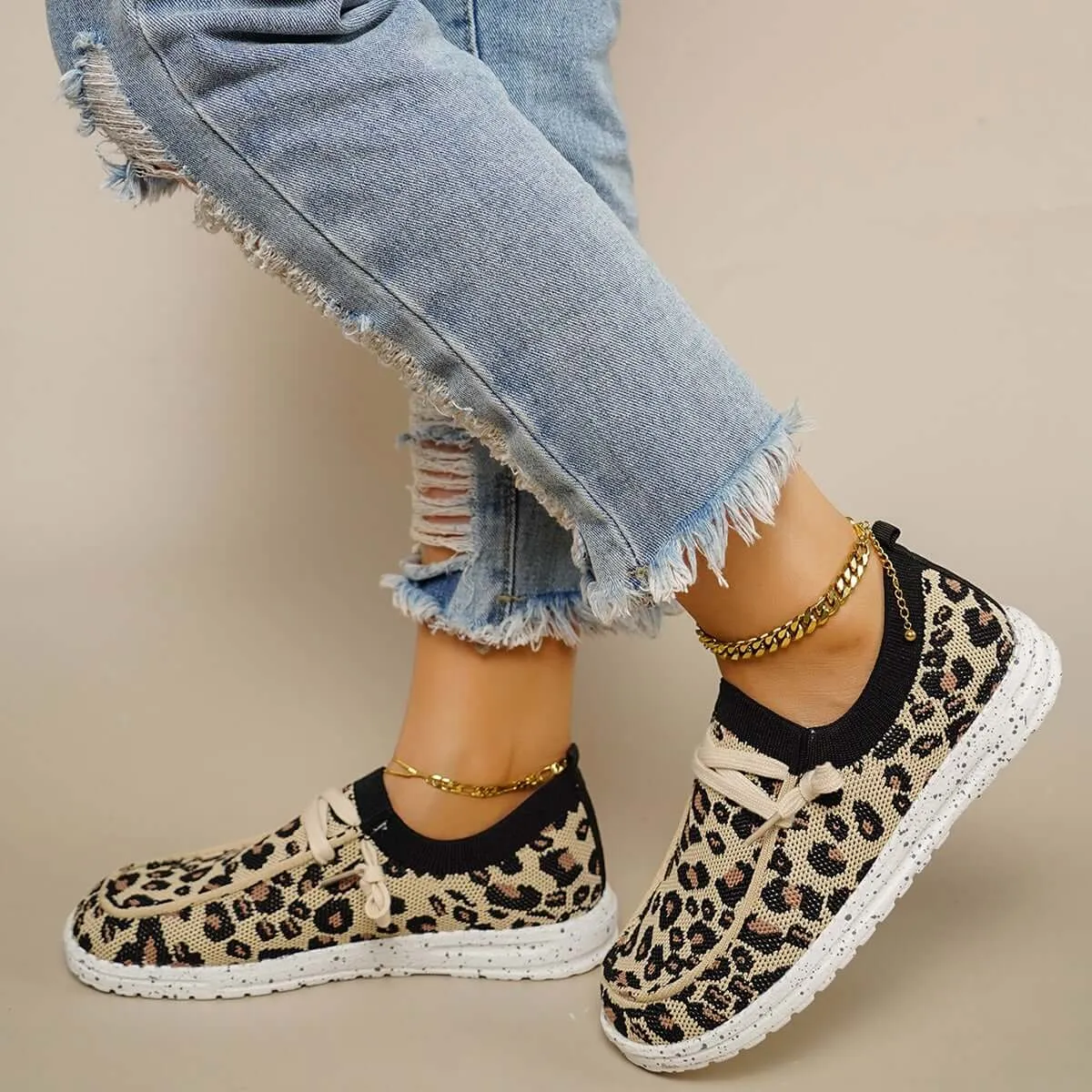 Sohiwoo  sneaker Leopard Mesh Knit Sneakers Slip-on Walking Shoes