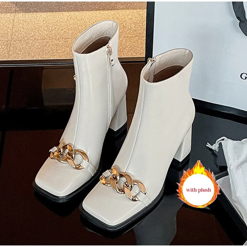 Tino Kino Women Ankle Boots Metal Chain Square Toe Ladies High Heels Short Plush Winter 2022 Leather Block Heels Chelsea Booties