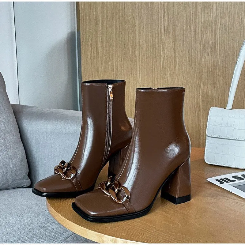 Tino Kino Women Ankle Boots Metal Chain Square Toe Ladies High Heels Short Plush Winter 2022 Leather Block Heels Chelsea Booties