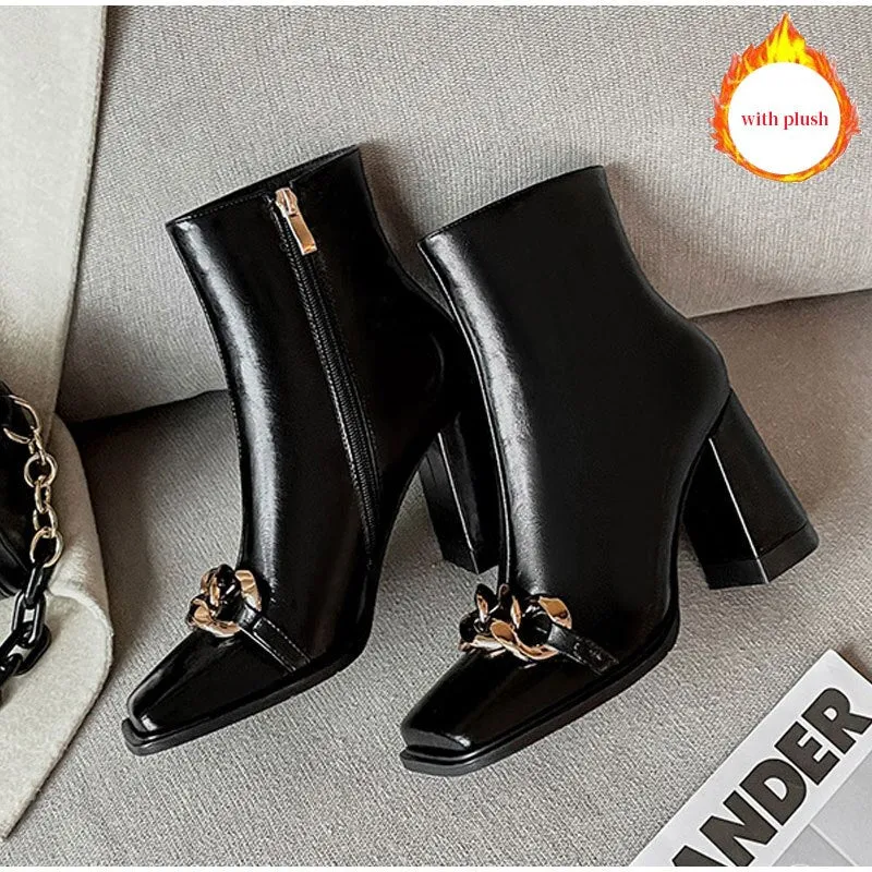 Tino Kino Women Ankle Boots Metal Chain Square Toe Ladies High Heels Short Plush Winter 2022 Leather Block Heels Chelsea Booties