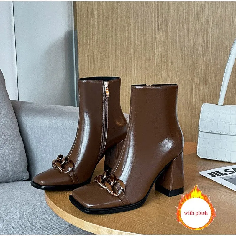 Tino Kino Women Ankle Boots Metal Chain Square Toe Ladies High Heels Short Plush Winter 2022 Leather Block Heels Chelsea Booties